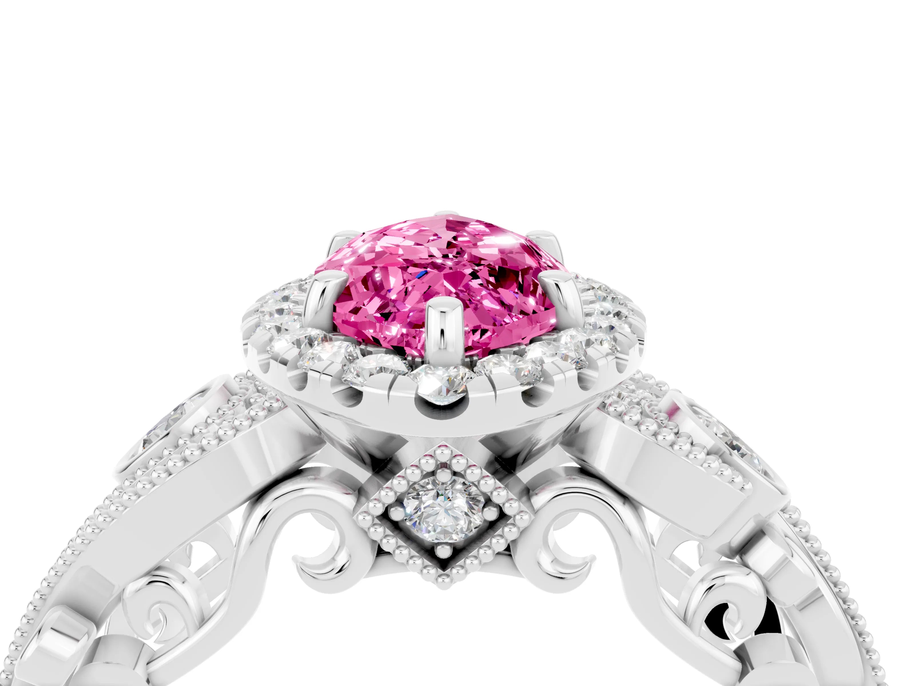 White gold Marquise Cut Pink Sapphire Halo Ring with Milgrain Pavé Band and Four-Prong Setting_16