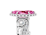 Platinum 2.96 Carat Marquise Pink Sapphire Halo Ring with Milgrain Pavé Band and Four-Prong Setting