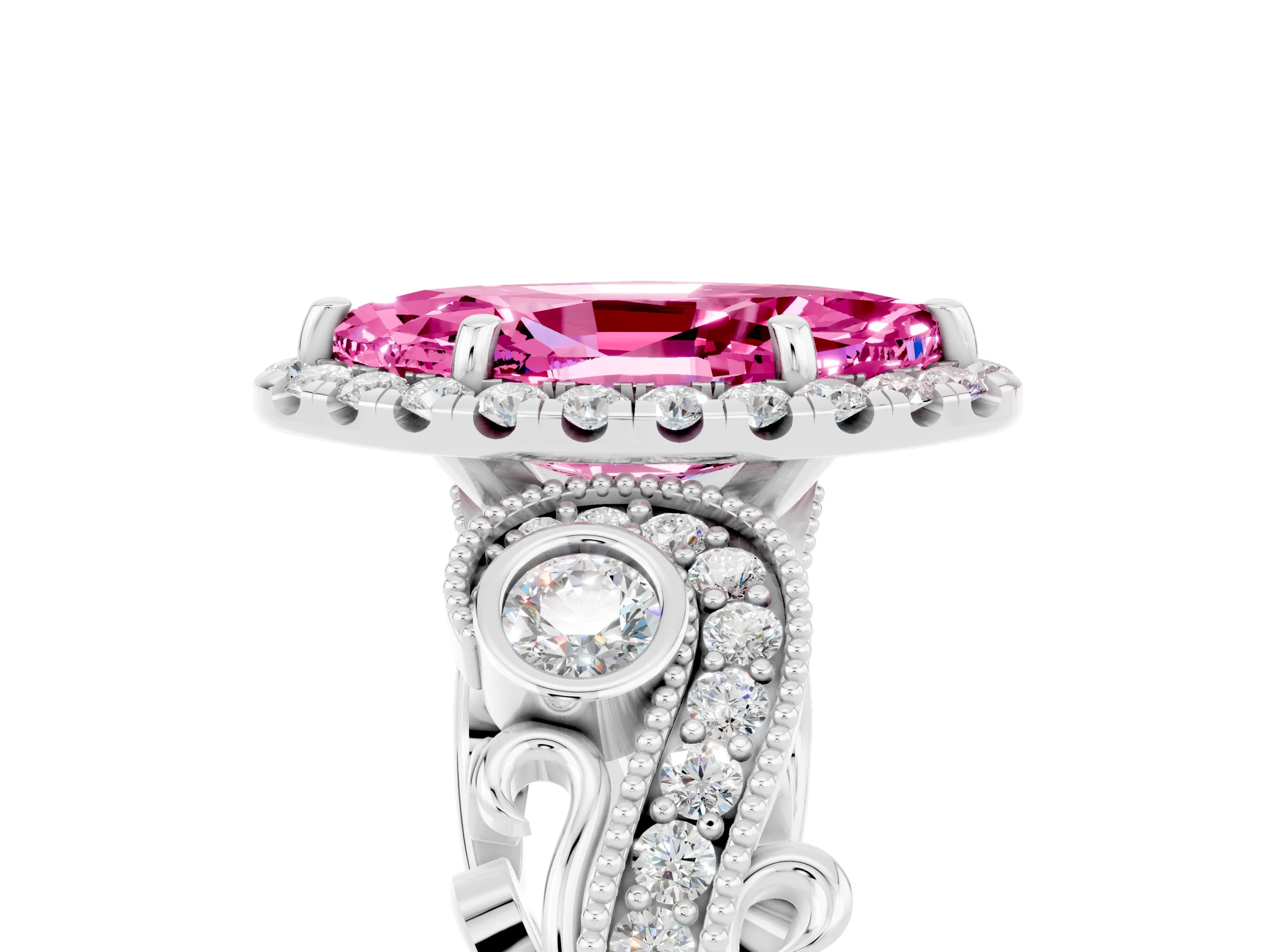 White gold Marquise Cut Pink Sapphire Halo Ring with Milgrain Pavé Band and Four-Prong Setting_17