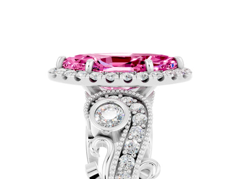 White gold Marquise Cut Pink Sapphire Halo Ring with Milgrain Pavé Band and Four-Prong Setting_17