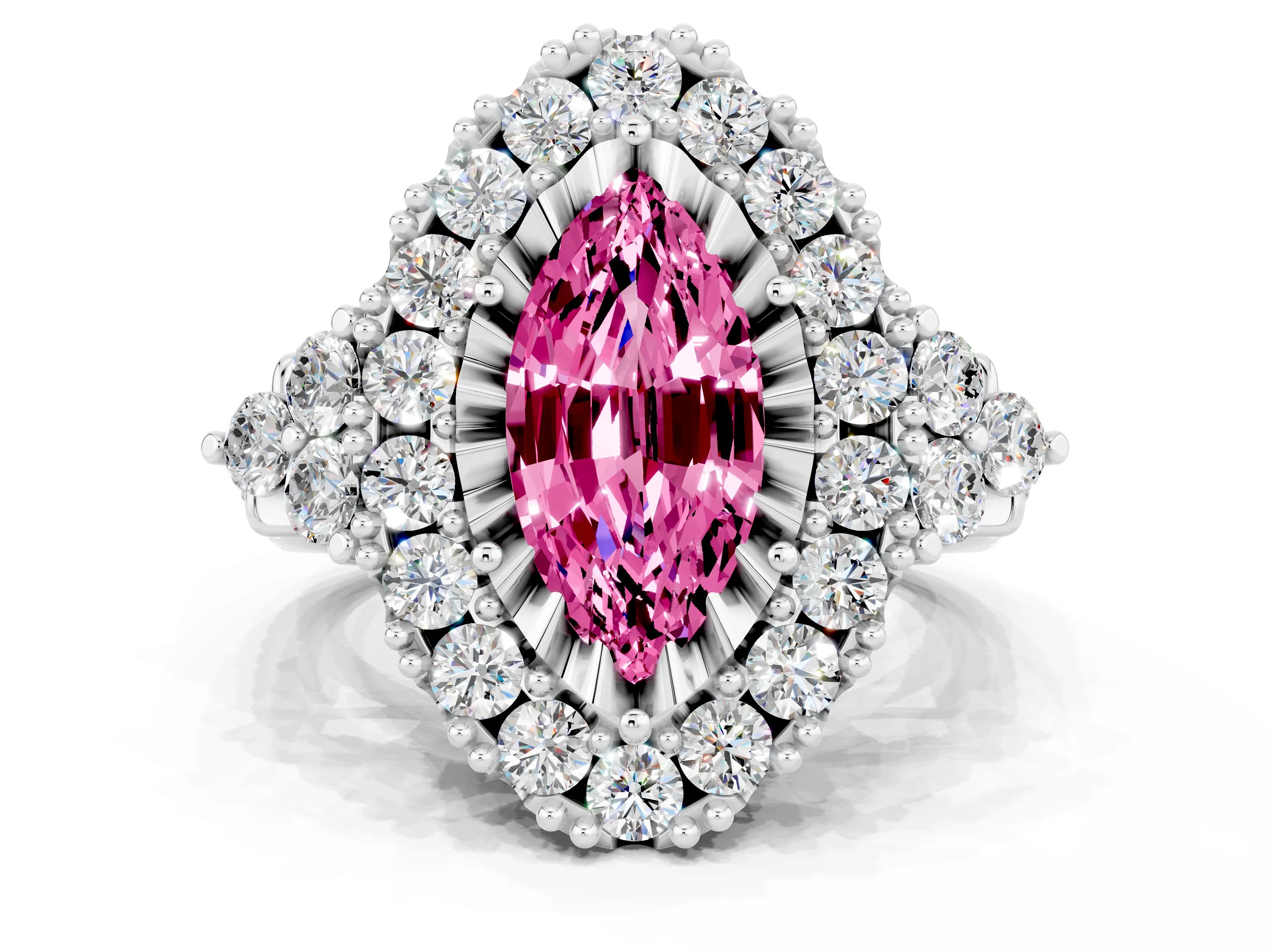 White gold Marquise Cut Pink Sapphire Halo Ring with Pavé Band and Four-Prong Setting_12