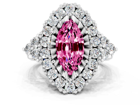White gold Marquise Cut Pink Sapphire Halo Ring with Pavé Band and Four-Prong Setting_12