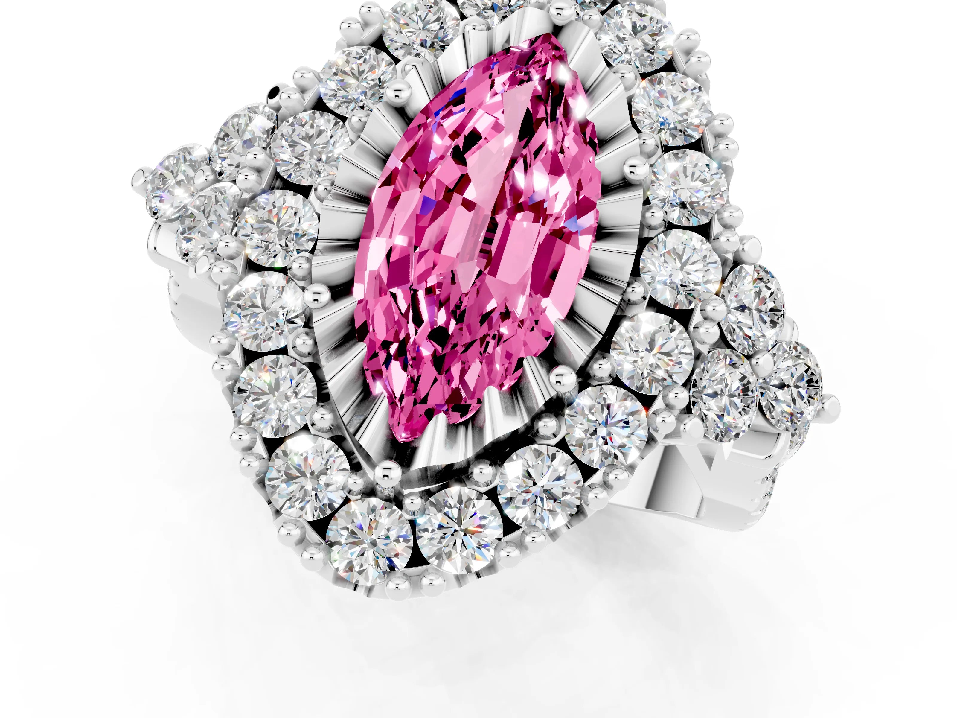 White gold Marquise Cut Pink Sapphire Halo Ring with Pavé Band and Four-Prong Setting_13
