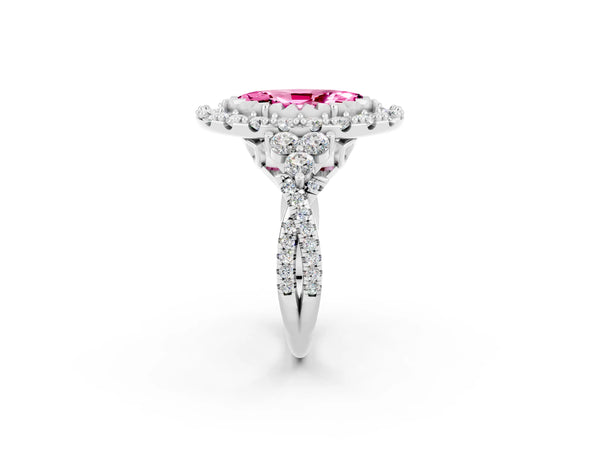 White gold Marquise Cut Pink Sapphire Halo Ring with Pavé Band and Four-Prong Setting