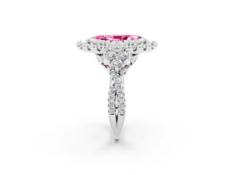 White gold Marquise Cut Pink Sapphire Halo Ring with Pavé Band and Four-Prong Setting_14
