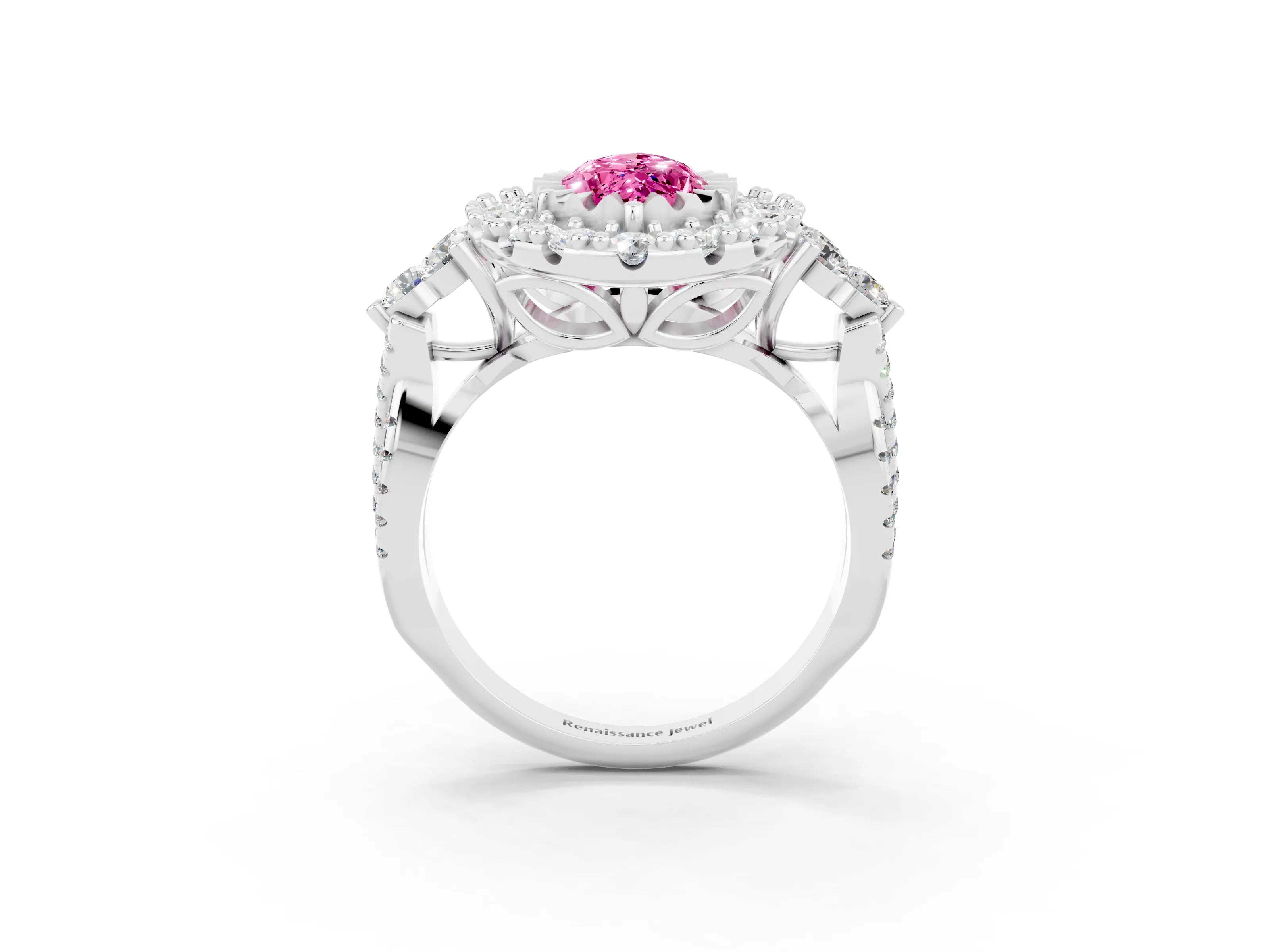 White gold Marquise Cut Pink Sapphire Halo Ring with Pavé Band and Four-Prong Setting_15
