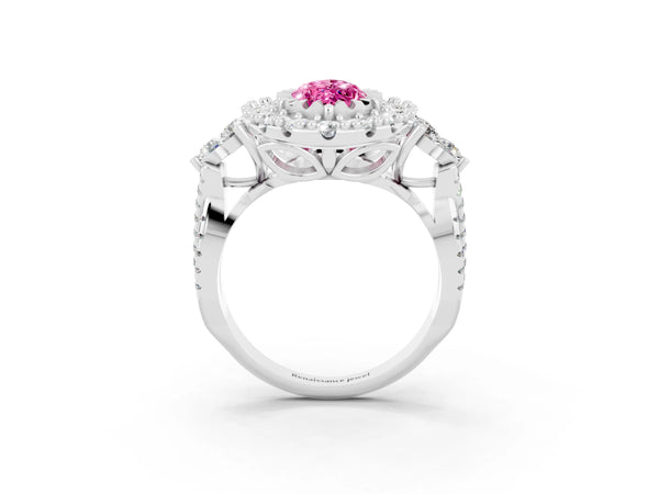 Silver Marquise Cut Pink Sapphire Halo Ring with Pavé Band and Four-Prong Setting