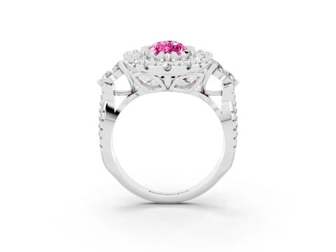 White gold Marquise Cut Pink Sapphire Halo Ring with Pavé Band and Four-Prong Setting_15