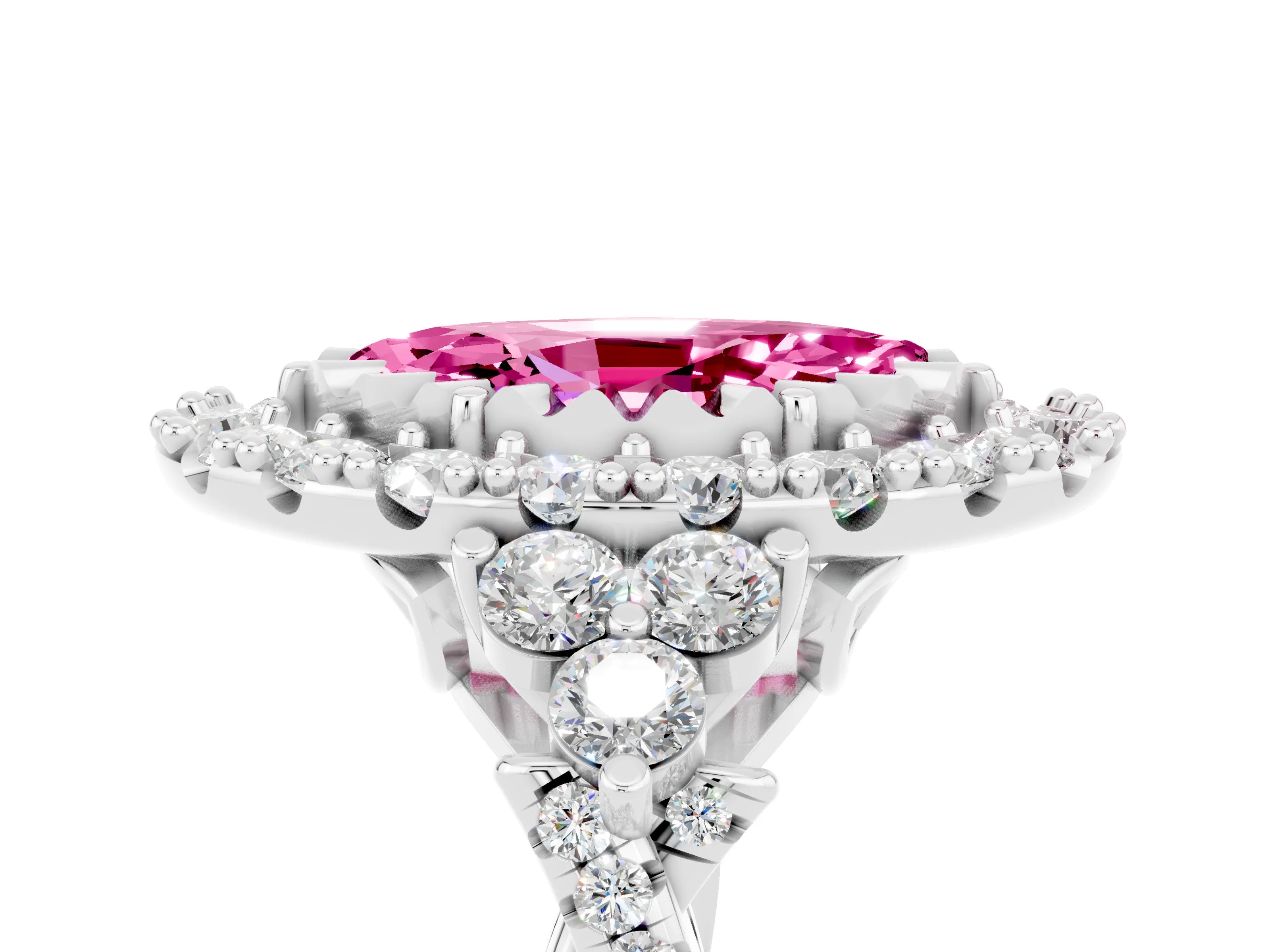 White gold Marquise Cut Pink Sapphire Halo Ring with Pavé Band and Four-Prong Setting_17