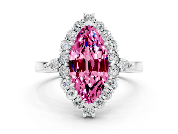 White gold Marquise Cut Pink Sapphire Halo Ring with Pear Side Stones and Prong Setting
