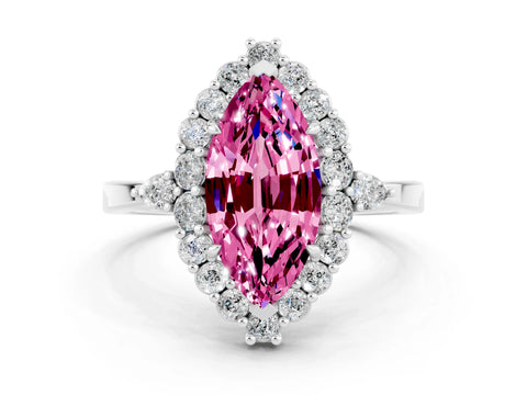 White gold Marquise Cut Pink Sapphire Halo Ring with Pear Side Stones and Prong Setting_42