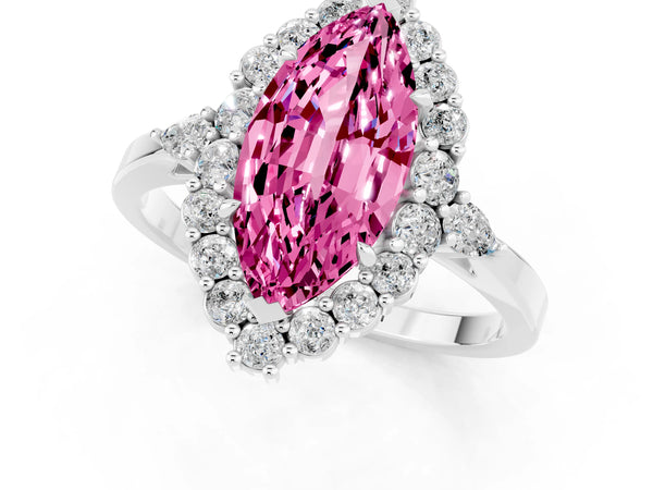 White gold Marquise Cut Pink Sapphire Halo Ring with Pear Side Stones and Prong Setting