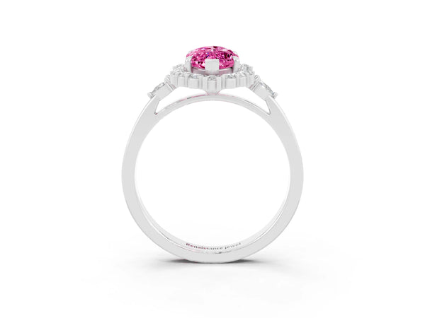 White gold Marquise Cut Pink Sapphire Halo Ring with Pear Side Stones and Prong Setting