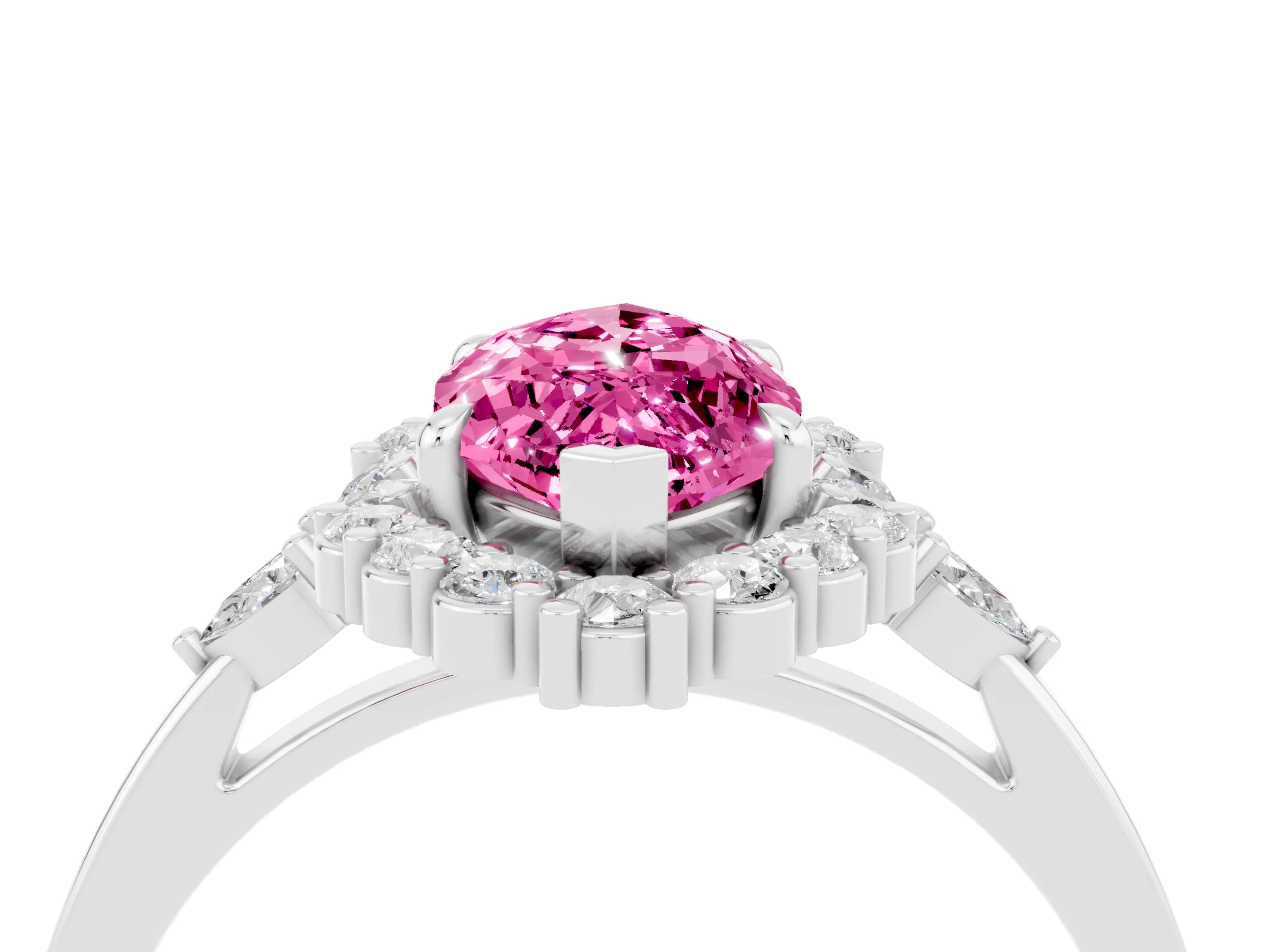 White gold Marquise Cut Pink Sapphire Halo Ring with Pear Side Stones and Prong Setting_46