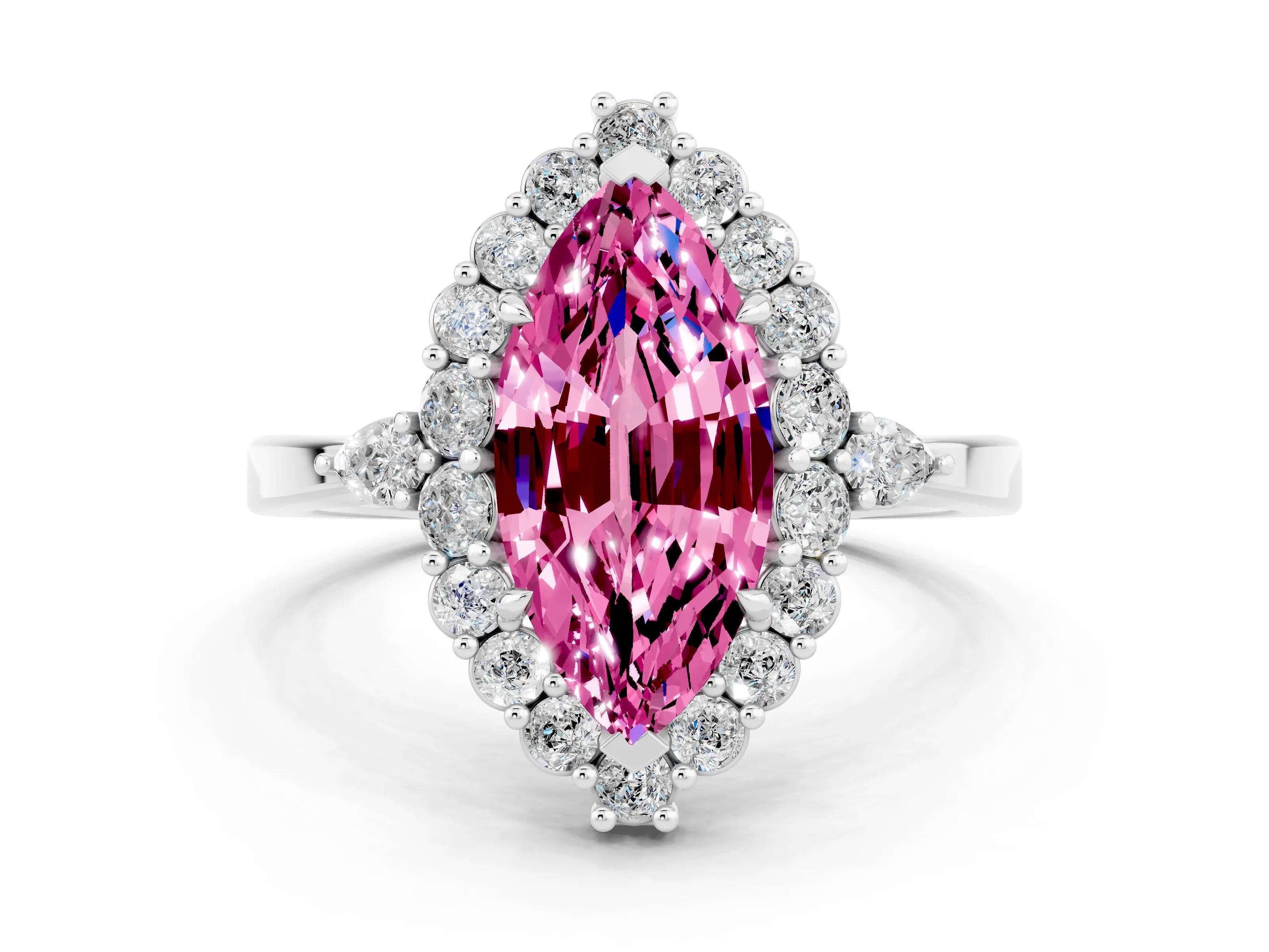White gold Marquise Cut Pink Sapphire Halo Ring with Pear Side Stones and Prong Setting_47
