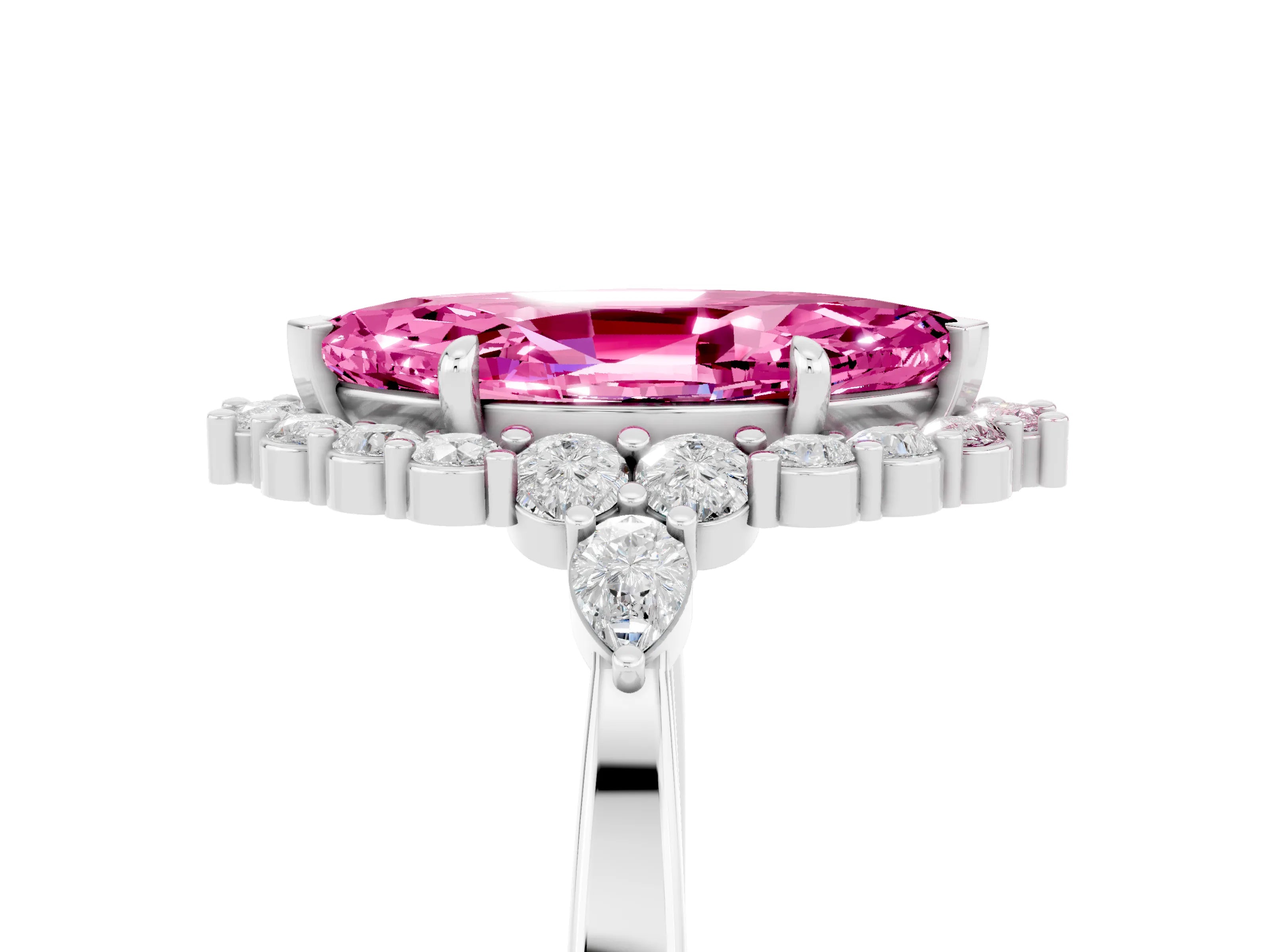 White gold Marquise Cut Pink Sapphire Halo Ring with Pear Side Stones and Prong Setting_47