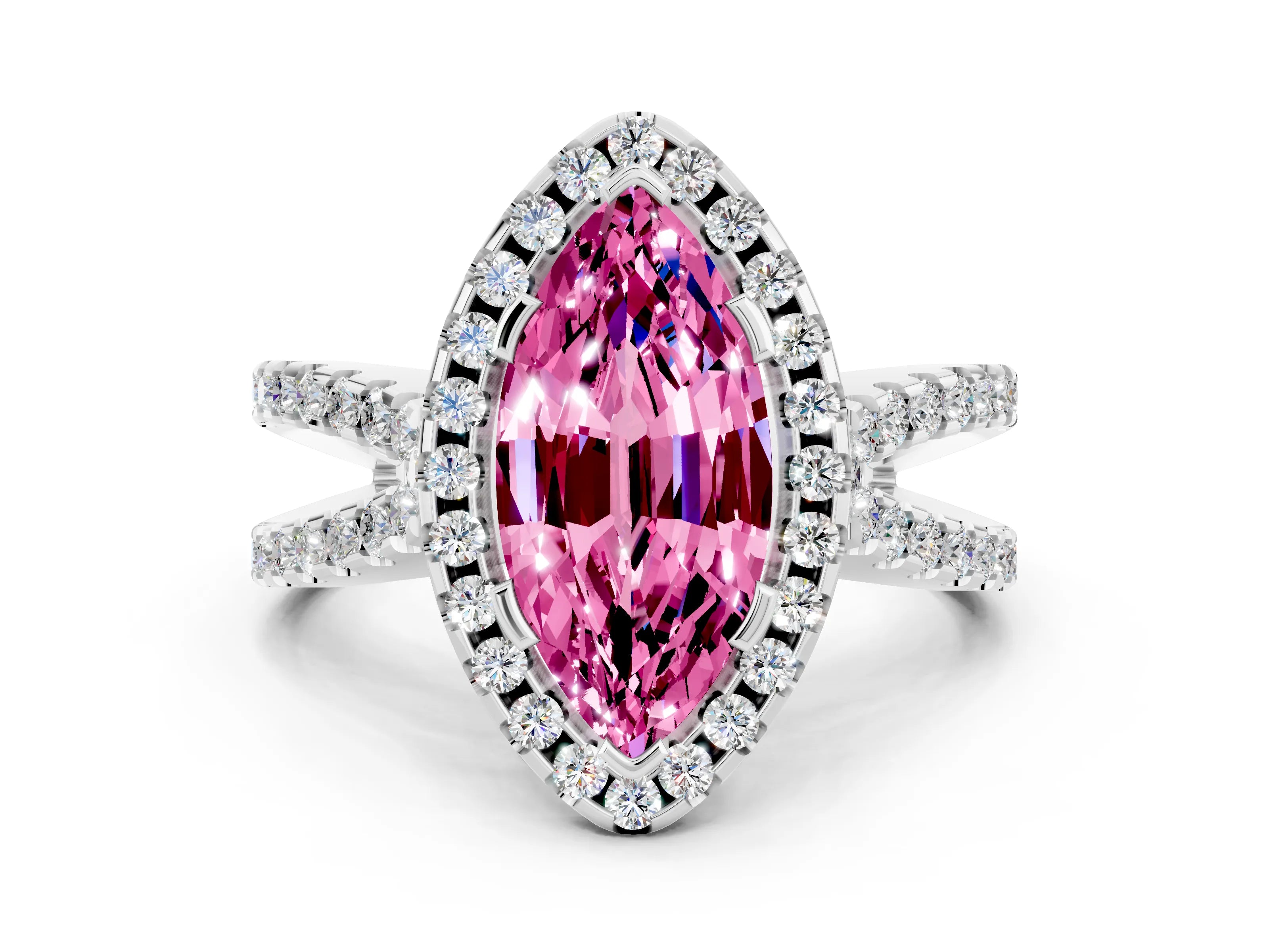 White gold Marquise Cut Pink Sapphire Halo Ring with Split Shank Pavé Band and Prong Setting_12