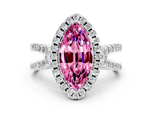 Platinum Marquise Cut Pink Sapphire Halo Ring with Split Shank Pavé Band and Prong Setting