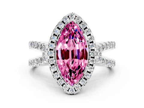 White gold Marquise Cut Pink Sapphire Halo Ring with Split Shank Pavé Band and Prong Setting_12