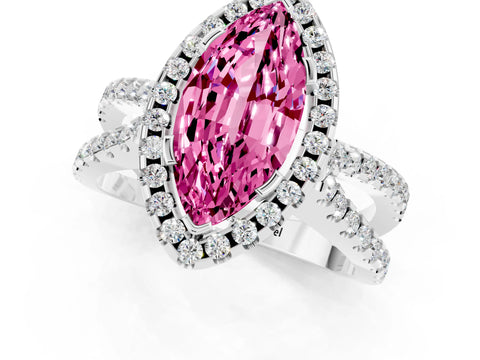 White gold Marquise Cut Pink Sapphire Halo Ring with Split Shank Pavé Band and Prong Setting_13