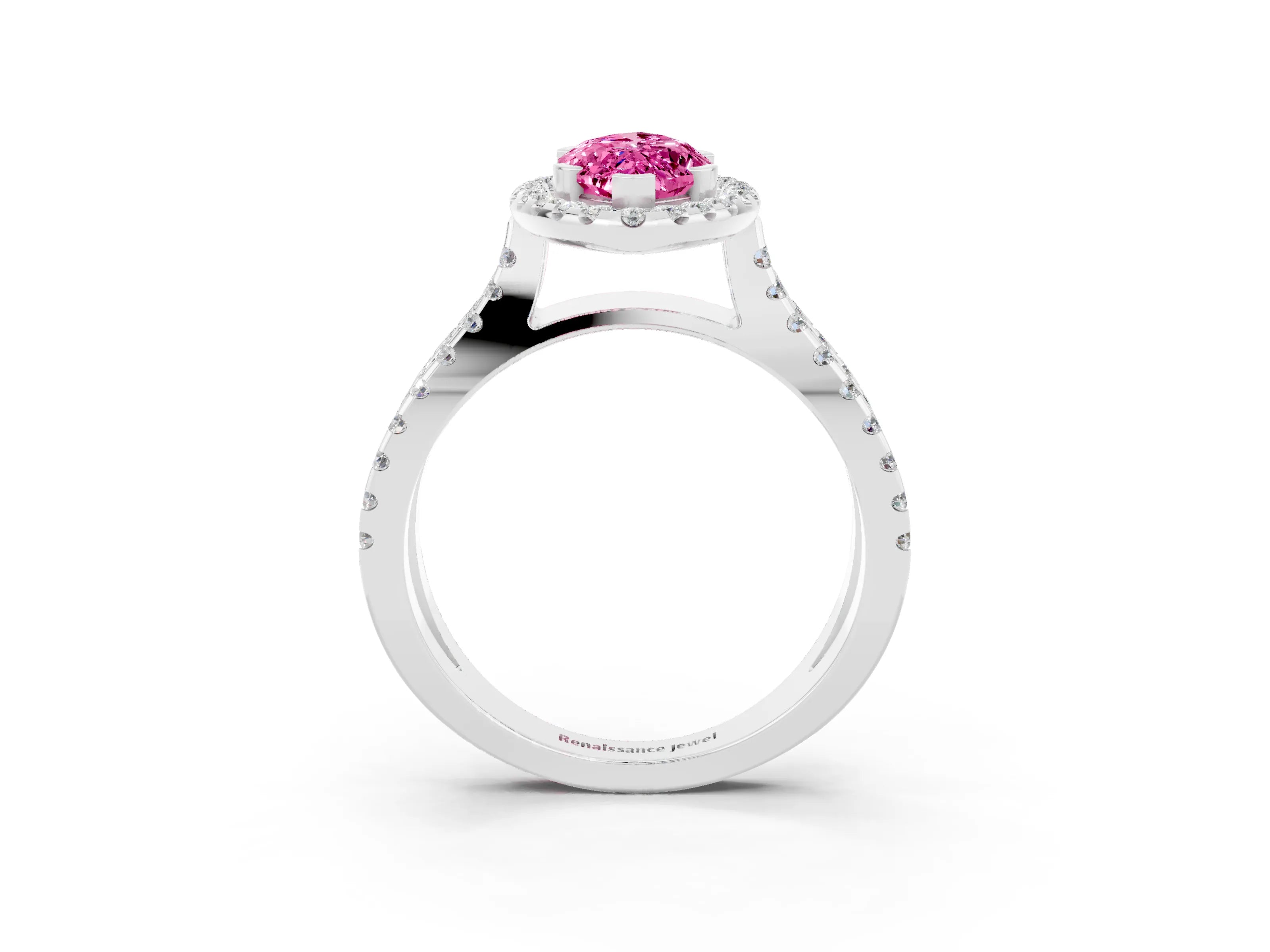 White gold Marquise Cut Pink Sapphire Halo Ring with Split Shank Pavé Band and Prong Setting_15