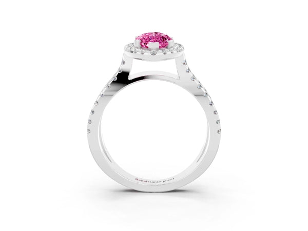 Silver Marquise Cut Pink Sapphire Halo Ring with Split Shank Pavé Band and Prong Setting