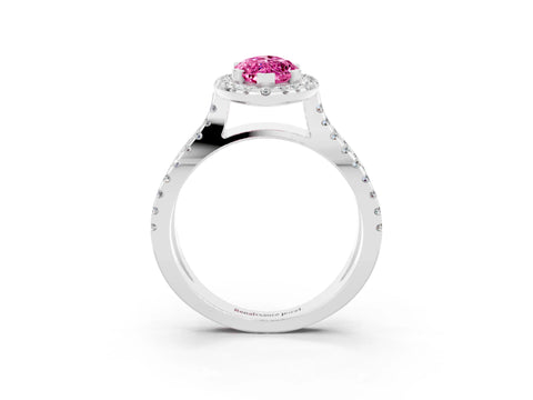 White gold Marquise Cut Pink Sapphire Halo Ring with Split Shank Pavé Band and Prong Setting_15