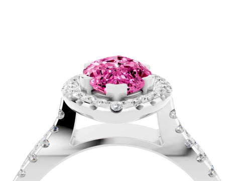 White gold Marquise Cut Pink Sapphire Halo Ring with Split Shank Pavé Band and Prong Setting_16