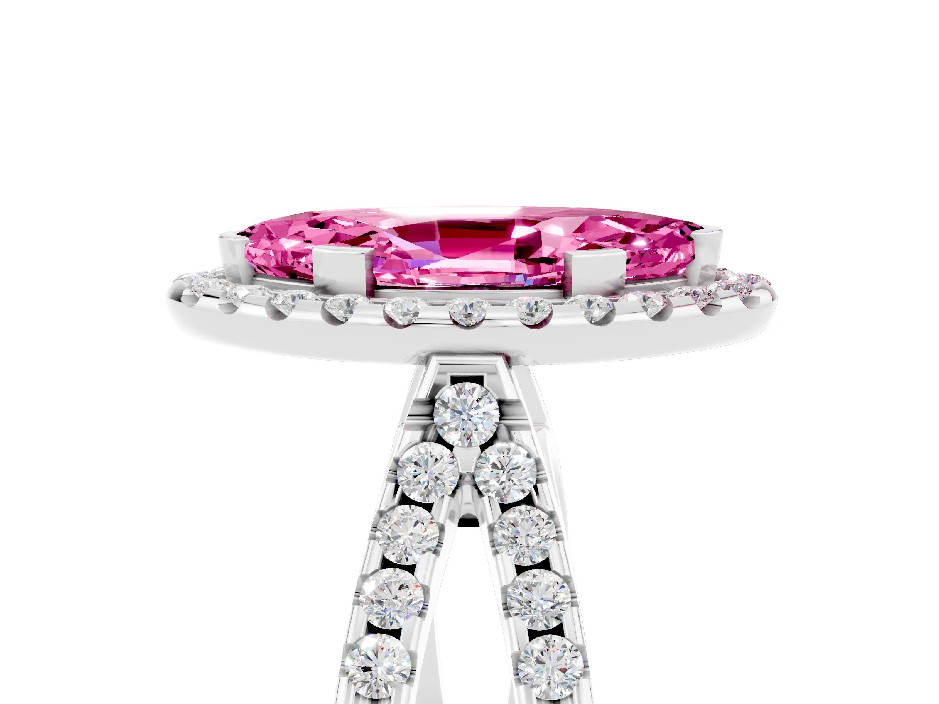 White gold Marquise Cut Pink Sapphire Halo Ring with Split Shank Pavé Band and Prong Setting_17