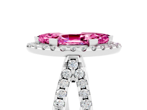 White gold Marquise Cut Pink Sapphire Halo Ring with Split Shank Pavé Band and Prong Setting_17