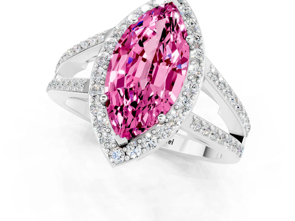 Silver Marquise Cut Pink Sapphire Halo Ring with Split Shank U-Prong Band and Four-Prong Setting