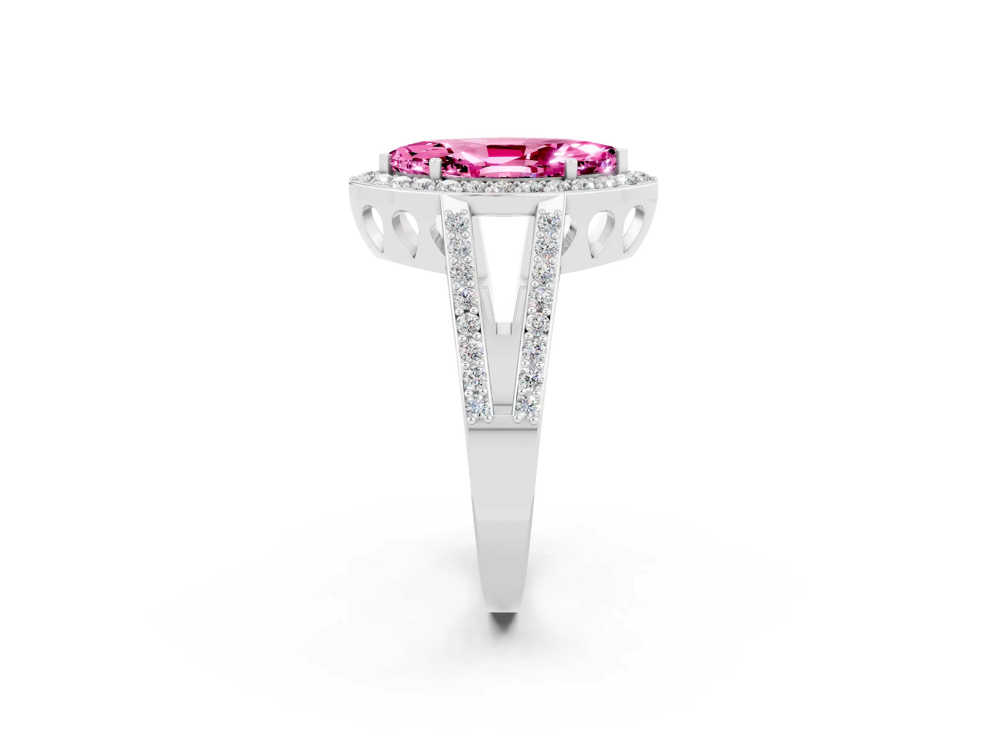 White gold Marquise Cut Pink Sapphire Halo Ring with Split Shank U-Prong Band and Four-Prong Setting_2