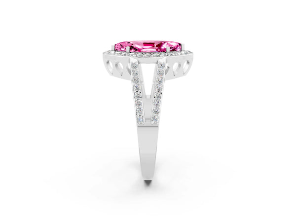 White gold Marquise Cut Pink Sapphire Halo Ring with Split Shank U-Prong Band and Four-Prong Setting