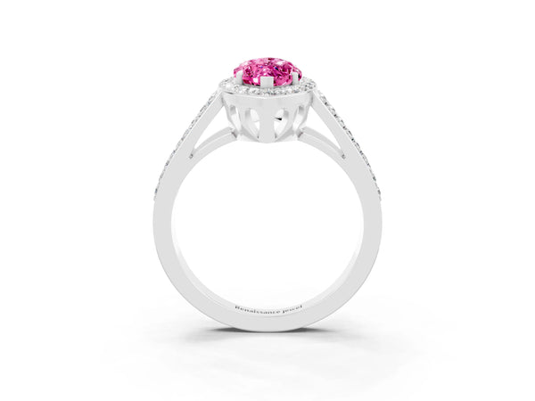 Silver Marquise Cut Pink Sapphire Halo Ring with Split Shank U-Prong Band and Four-Prong Setting