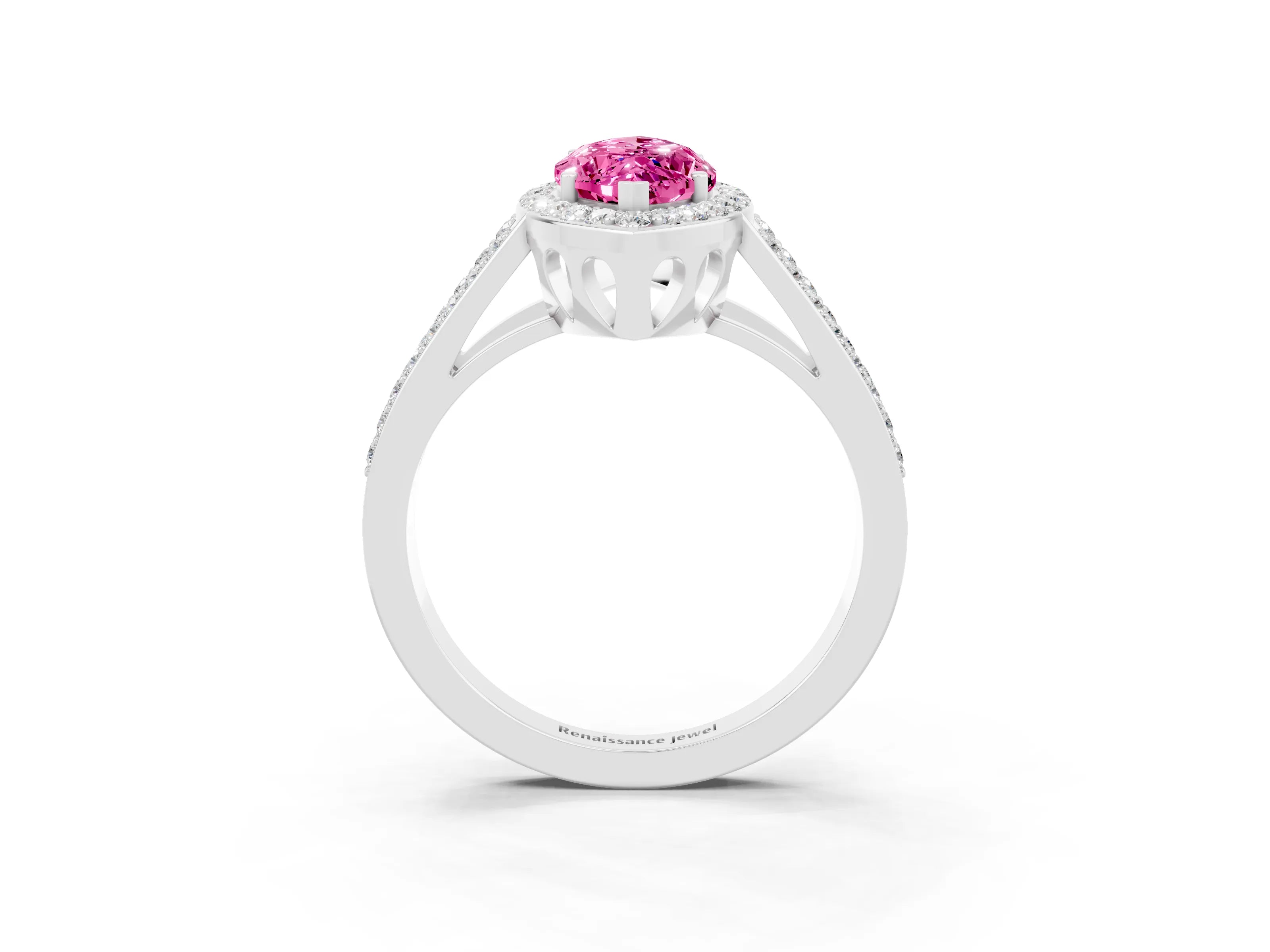 White gold Marquise Cut Pink Sapphire Halo Ring with Split Shank U-Prong Band and Four-Prong Setting_3