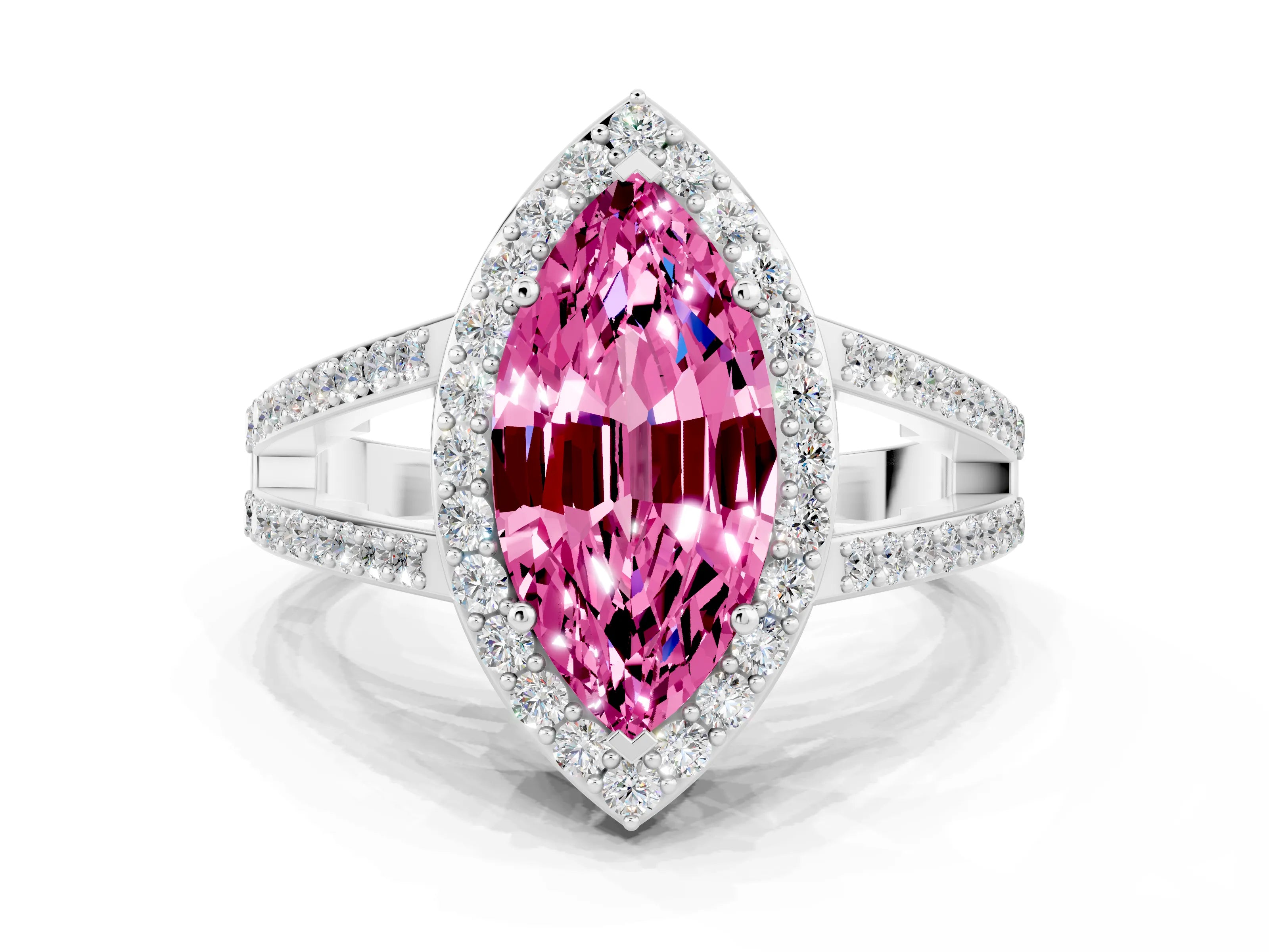 White gold Marquise Cut Pink Sapphire Halo Ring with Split Shank U-Prong Band and Four-Prong Setting