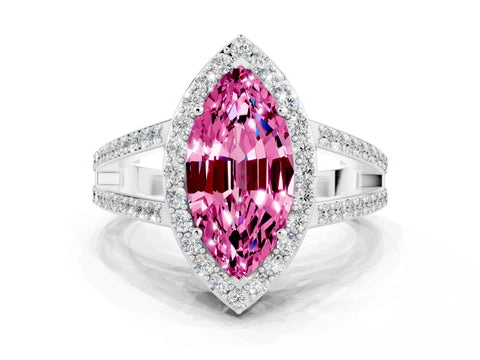 White gold Marquise Cut Pink Sapphire Halo Ring with Split Shank U-Prong Band and Four-Prong Setting