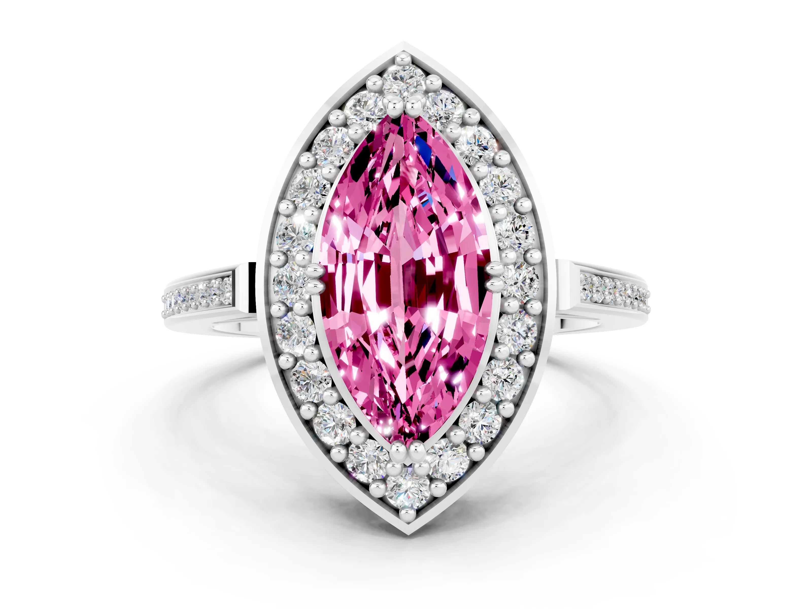 White gold Marquise Cut Pink Sapphire Halo Ring with Split Shank and Four-Prong Setting