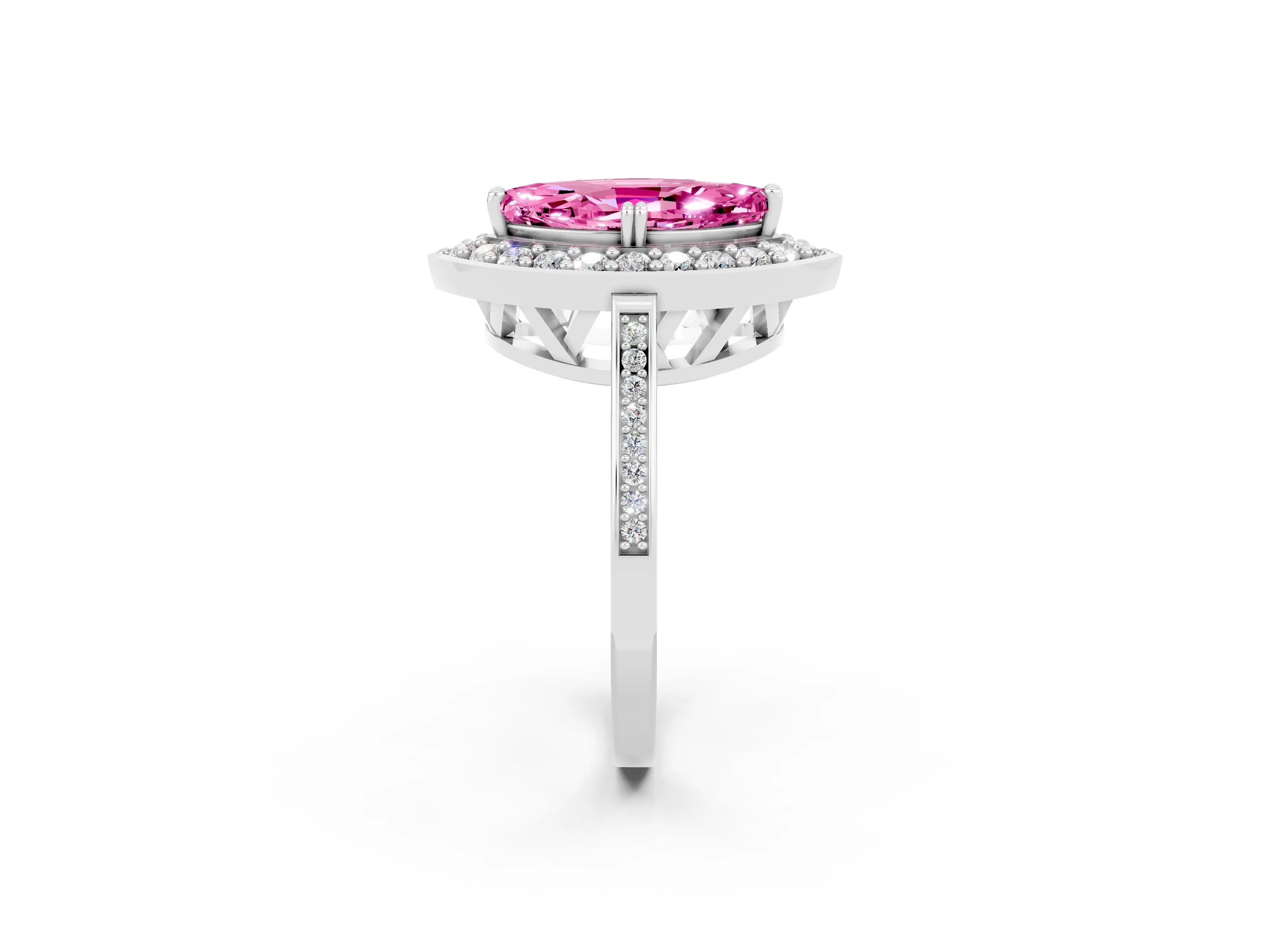 White gold Marquise Cut Pink Sapphire Halo Ring with Split Shank and Four-Prong Setting_2