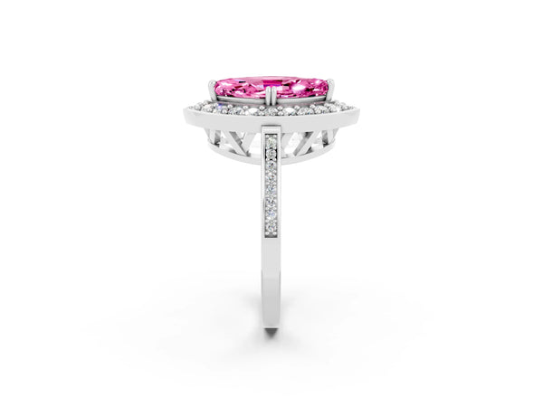 Platinum Marquise Cut Pink Sapphire Halo Ring with Split Shank and Four-Prong Setting