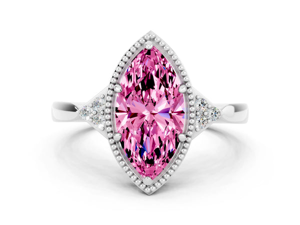 Platinum Marquise Cut Pink Sapphire Halo Ring with Tapered Band and Four-Prong Setting