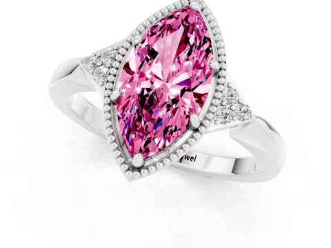 White gold Marquise Cut Pink Sapphire Halo Ring with Tapered Band and Four-Prong Setting_1