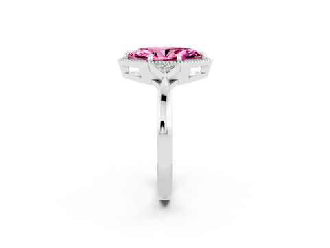 White gold Marquise Cut Pink Sapphire Halo Ring with Tapered Band and Four-Prong Setting_2