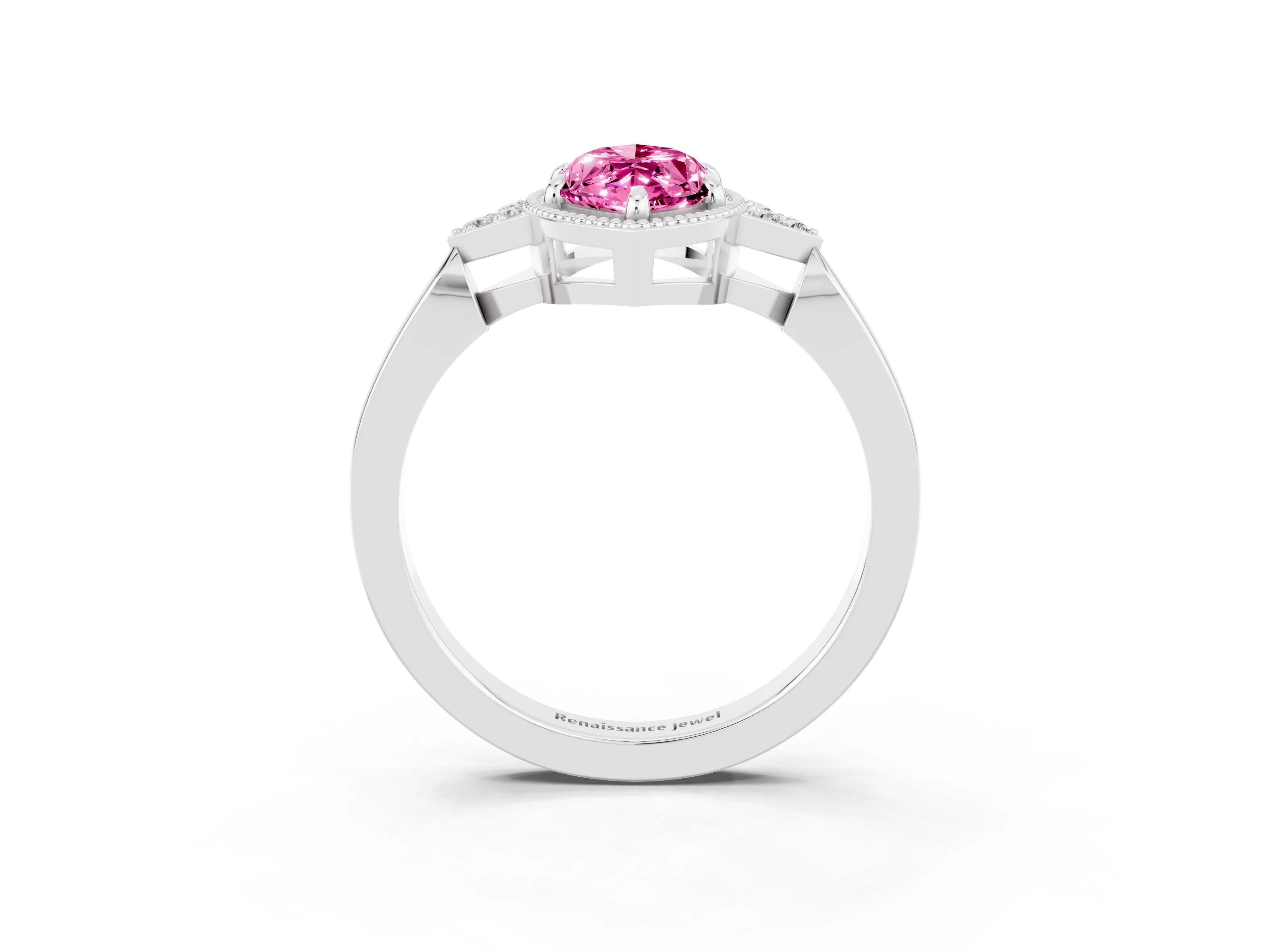 White gold Marquise Cut Pink Sapphire Halo Ring with Tapered Band and Four-Prong Setting_3