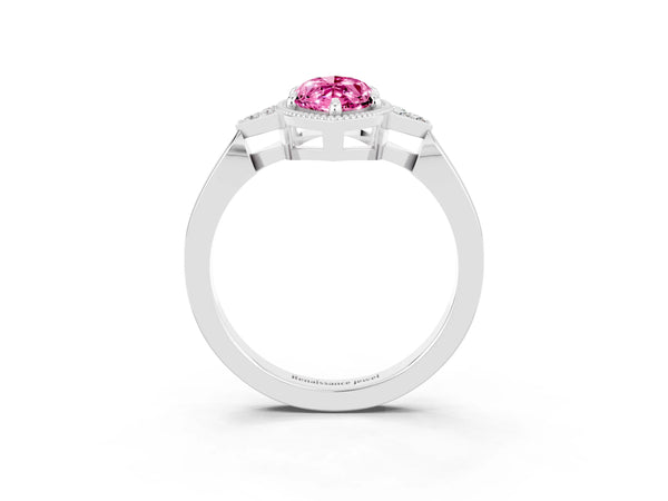 Silver Marquise Cut Pink Sapphire Halo Ring with Tapered Band and Four-Prong Setting