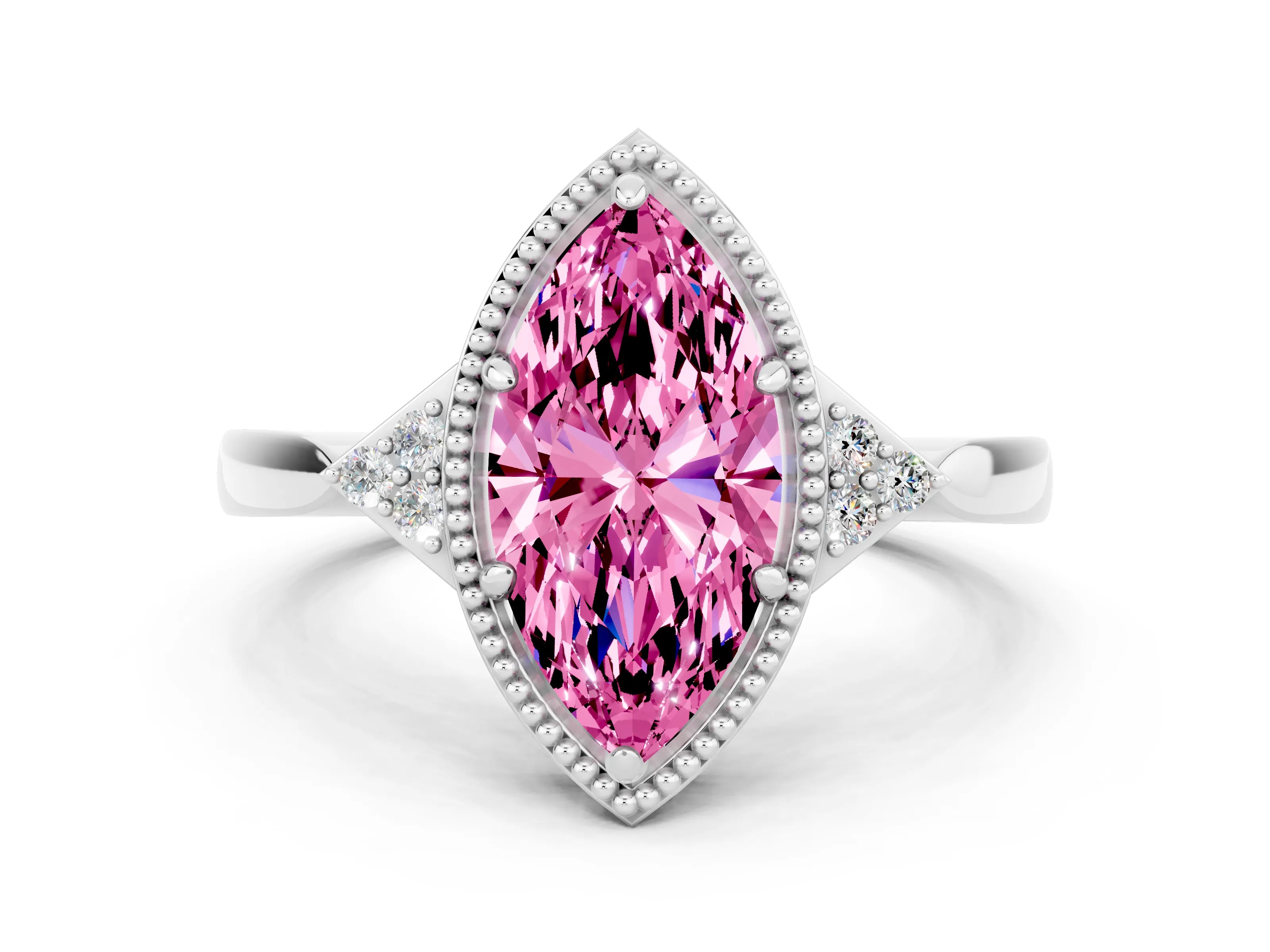 White gold Marquise Cut Pink Sapphire Halo Ring with Tapered Band and Four-Prong Setting