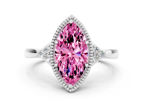 White gold Marquise Cut Pink Sapphire Halo Ring with Tapered Band and Four-Prong Setting