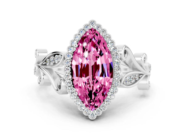 Platinum Marquise Cut Pink Sapphire Halo Ring with Vintage Split Shank and Four-Prong Setting