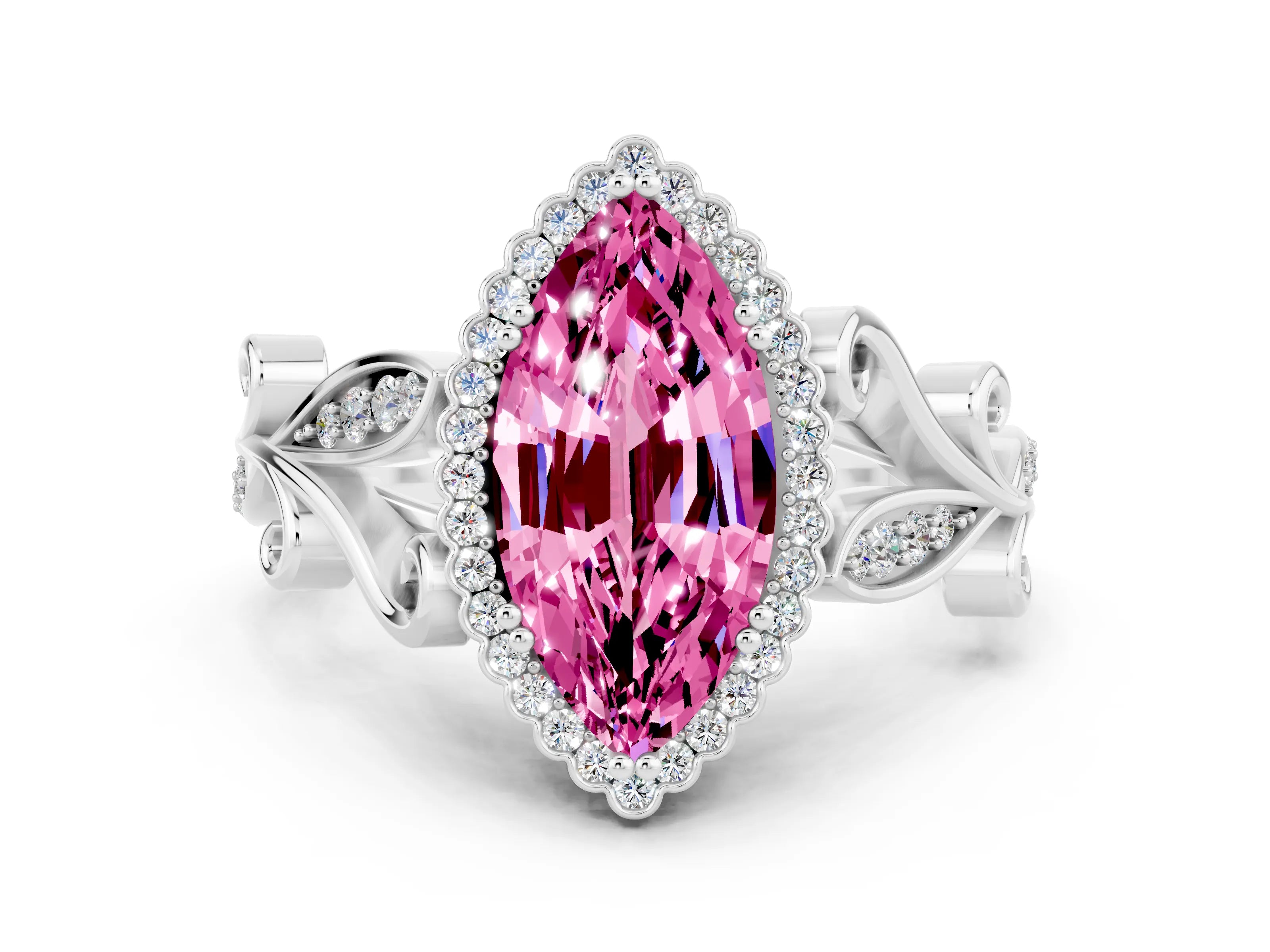 White gold Marquise Cut Pink Sapphire Halo Ring with Vintage Split Shank and Four-Prong Setting_24