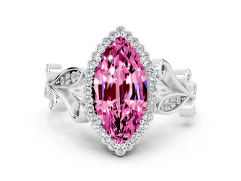 White gold Marquise Cut Pink Sapphire Halo Ring with Vintage Split Shank and Four-Prong Setting_24